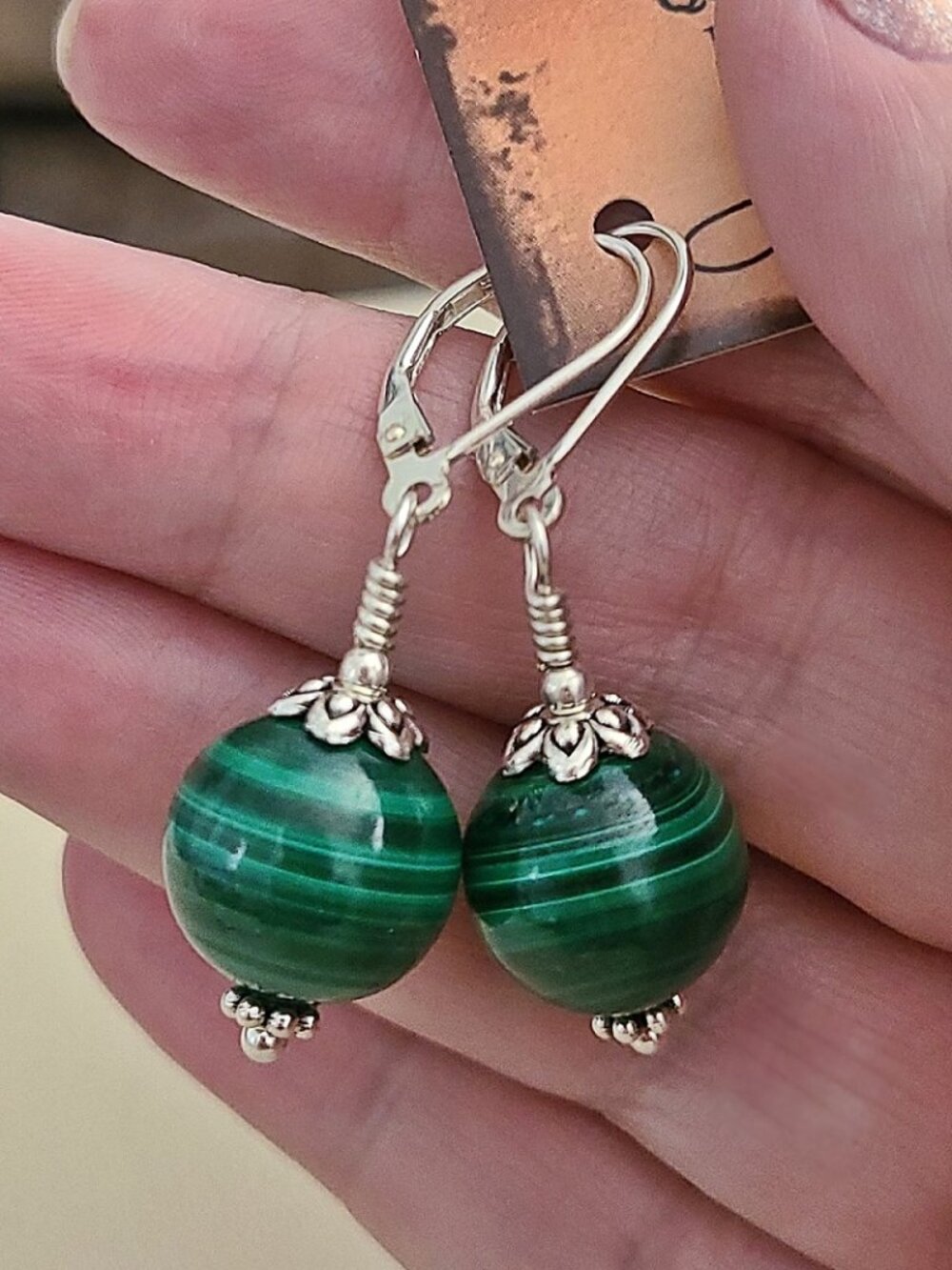 Malachite Gemstone Earrings 925 Sterling Silver Dangles Artisan Handcrafted - Picture 3 of 8